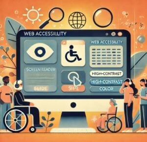 Illustration of web accessibility tools on a screen with diverse users, including wheelchair and headset users.